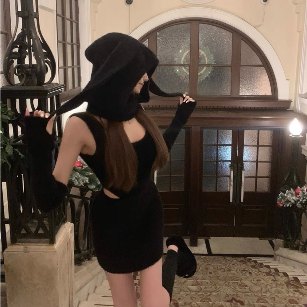 Bunny Black Hooded Knit Mini Dress XS